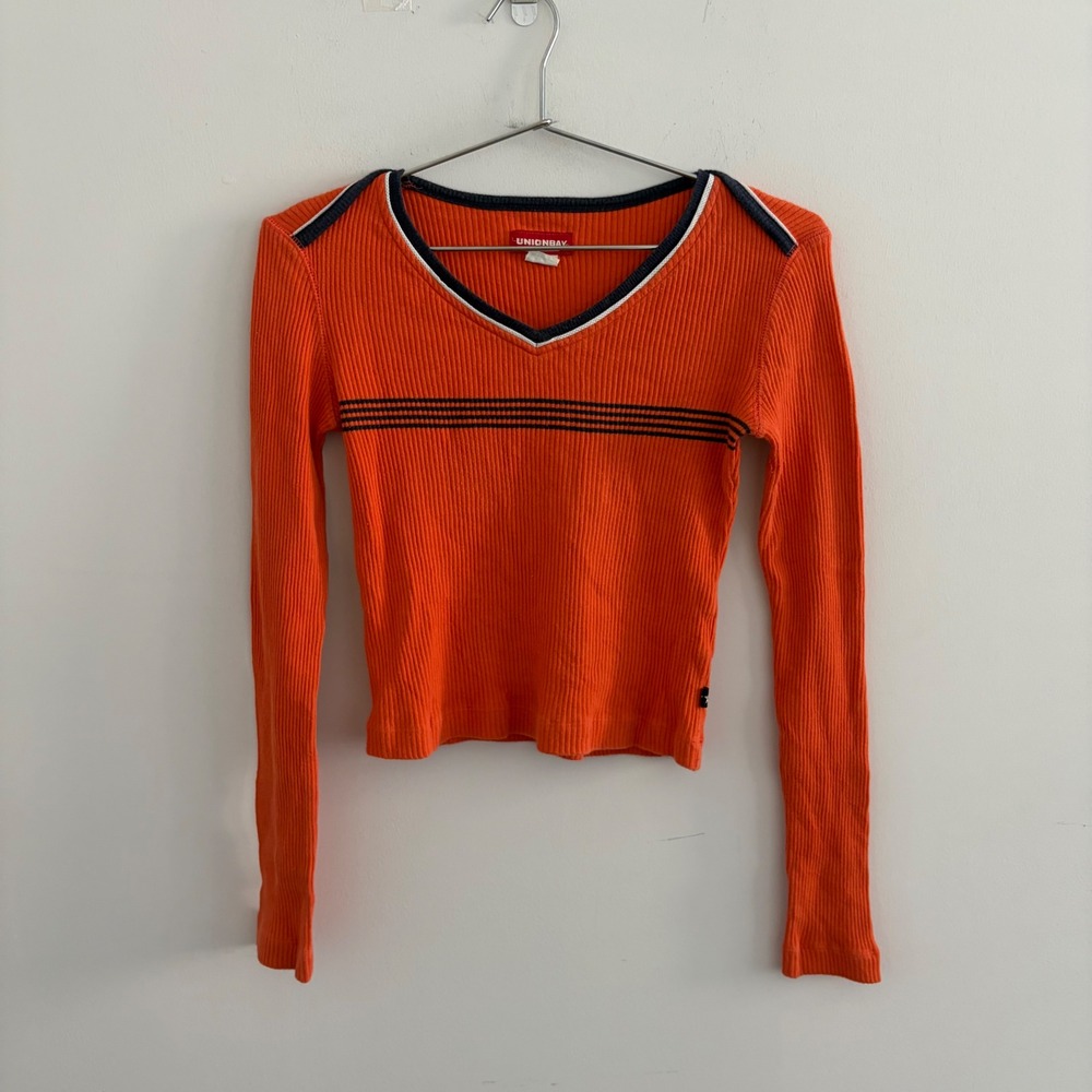 Unionbay Vintage 90s Ribbed V-Neck Long Sleeve Crop Top Orange Medium